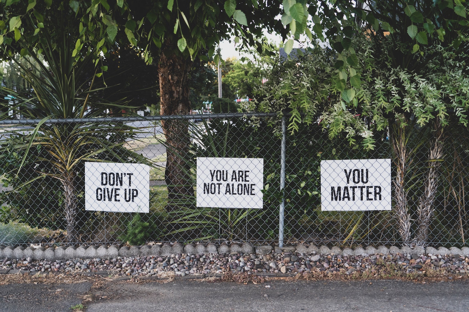 fence with signs saying "don't give up", "you matter" and "you're not alone"