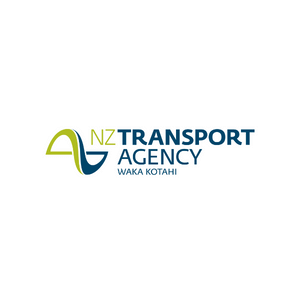 Blue and green text saying NZ Transport Agency with a wavey logo