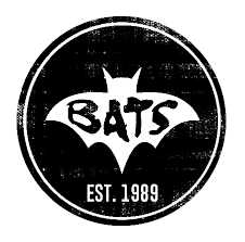 Bacl circle with a Bat outline in the centre saying BATS EST. 1989